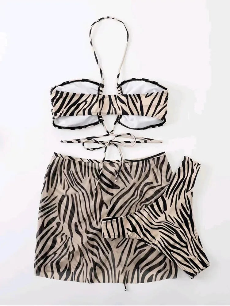 Conjunto 3 peças Biquíni feminino + saída saia Zebra